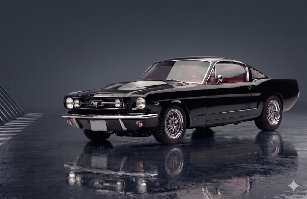AuTrust — Vitrine studio : Ford Mustang fastback noire, pour votre achat en toute confiance.